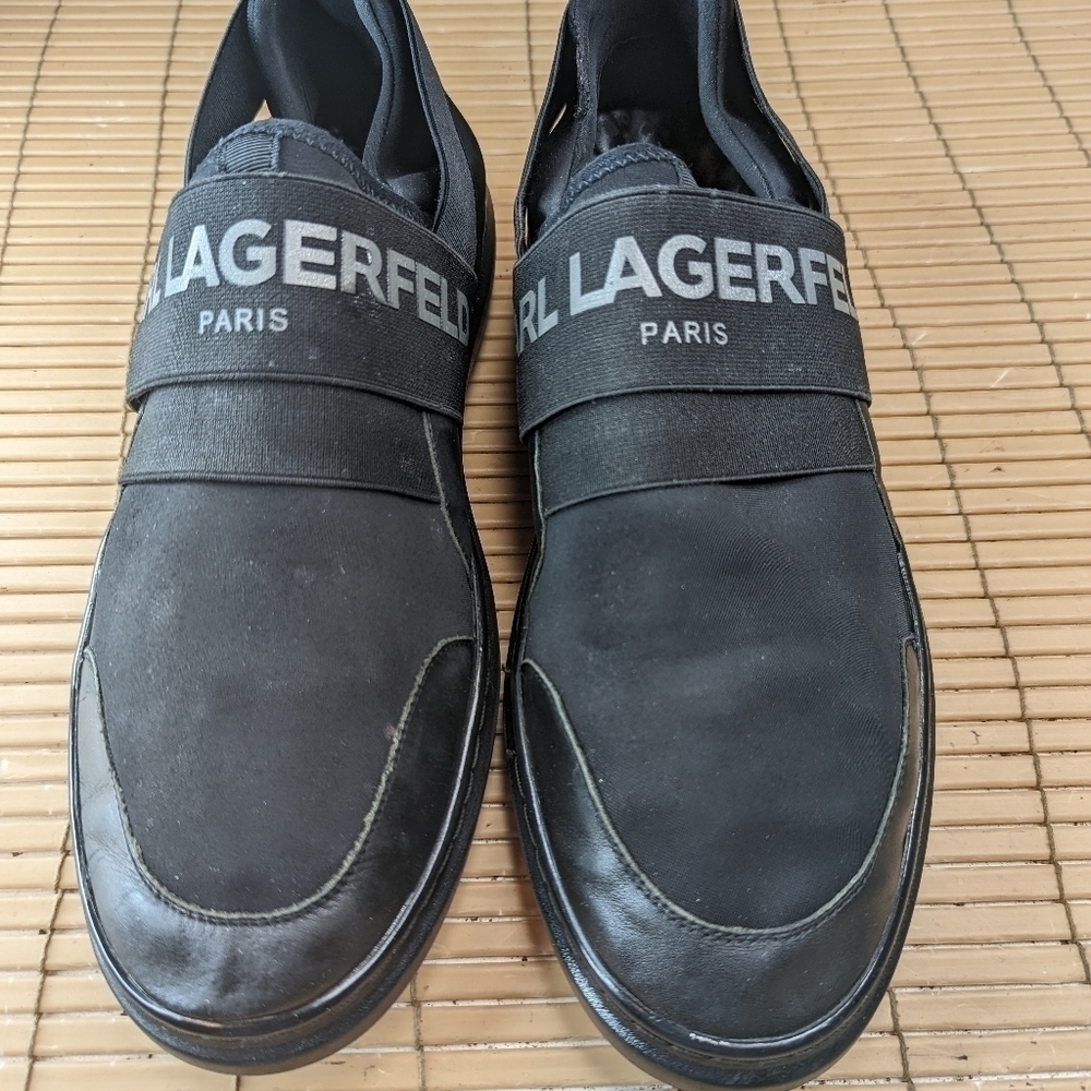 Karl Lagerfeld Paris Men's Black Logo-Strap Neoprene Slip-On Sneakers Shoes 10 M